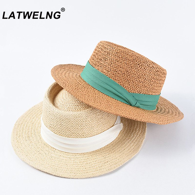 

New Handmade Straw Beach Hat For Women Summer Holiday Panama Cap Fashion Concave Flat Sun Protection Visor Hats Wholesale 201027, Red