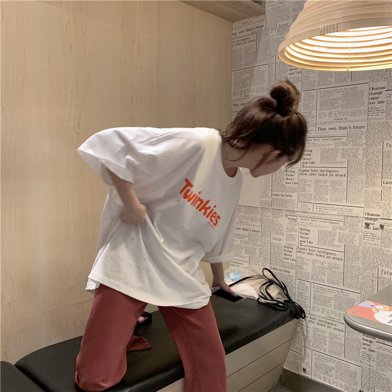 

2021 New 2 colors summer Korean style letter print loose cotton short sleeve women's T-shirt tops (y3835) 7HSD, Gray.