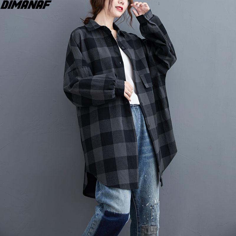

DIMANAF Plus Size Women Blouse Autumn Cotton Big Plaid Print Casual Lady Female Oversize Loose Long Cardigan Long Sleeve Blouse, Tao8960