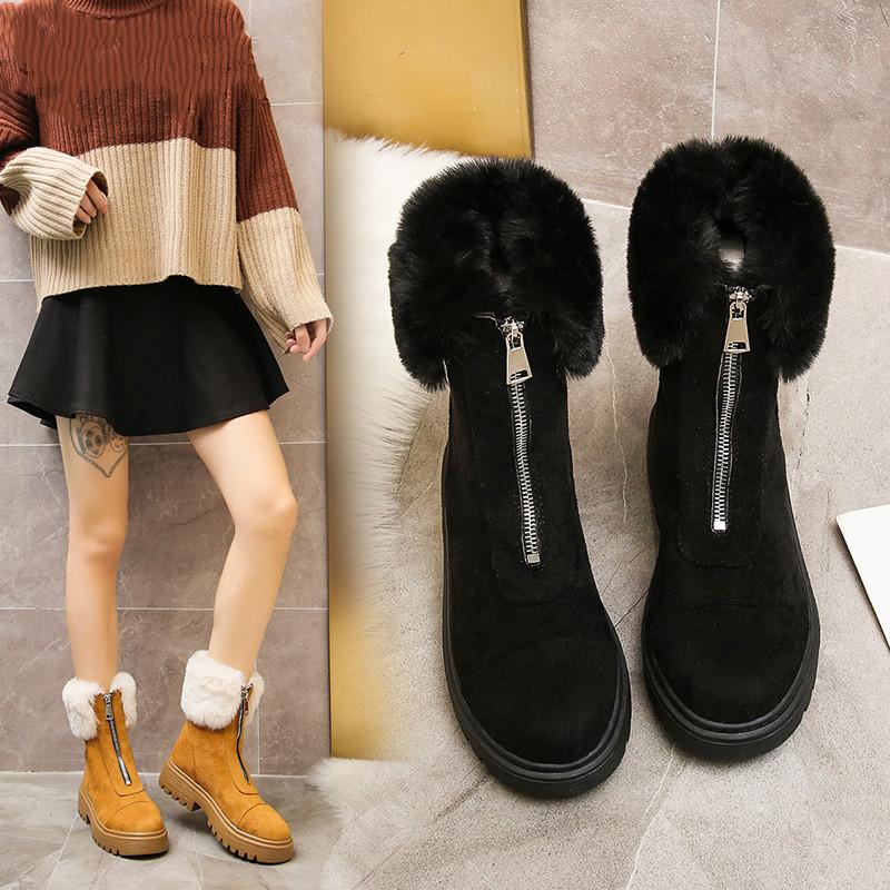 

2020 New Women Boots Winter Mid Calf Front Zipper Warm Snow Boots Platform Keep with Thick Fur Heels Femme, Black