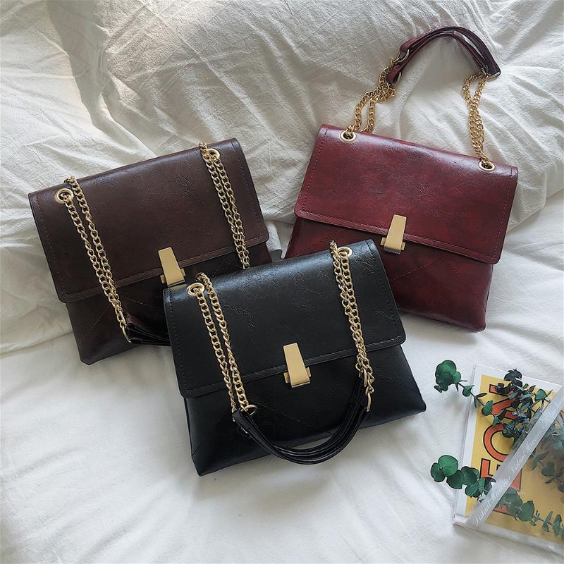 

Fashion PU Leather Shoulder Daily Messenger Chain Bag Simple Solid Color Handbag Popular Simple Female Daily Bag, Black