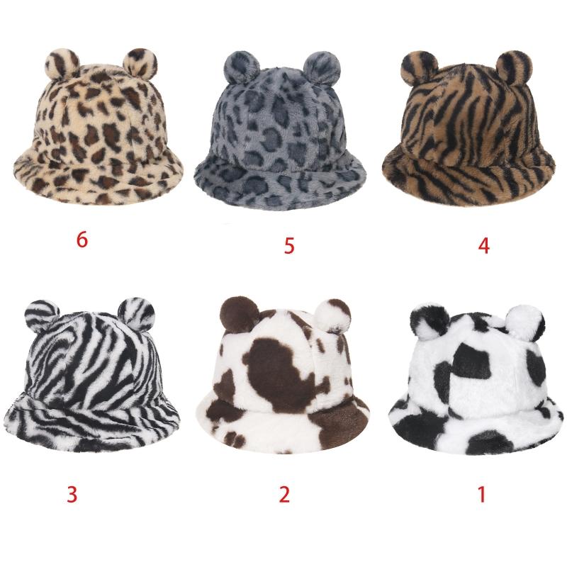 

Women Winter Thicken Fuzzy Plush Bucket Hat Cute Bear Ears Leopard Zebra-Stripes Cow Printed Warm Panama Fisherman Cap