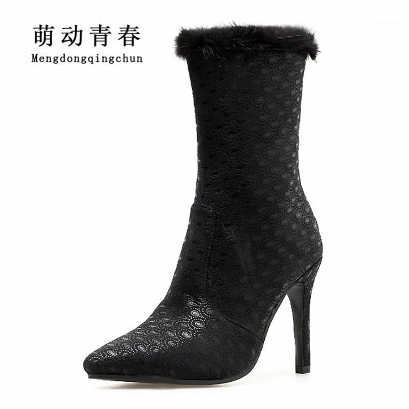 

2020 New Women Boots Pointed Toe Faux Fur High Heeled Women Ankle Boots Heels Black Heels Pu Leather Winter Warm Party Booties1