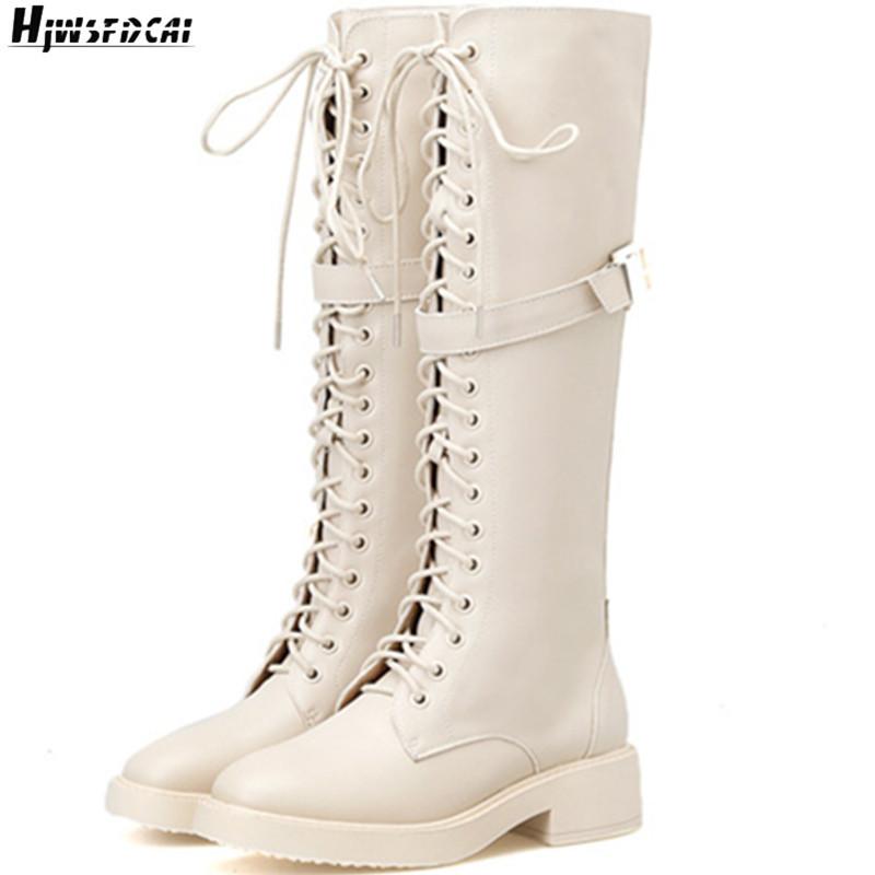 

Hjwsfdcai British Wind Women Cross-Tied Knee High Boots Side Zipper Belt Buckle Decor Fashion Ladies Mid Calf Boots Mujer Shoes, Black