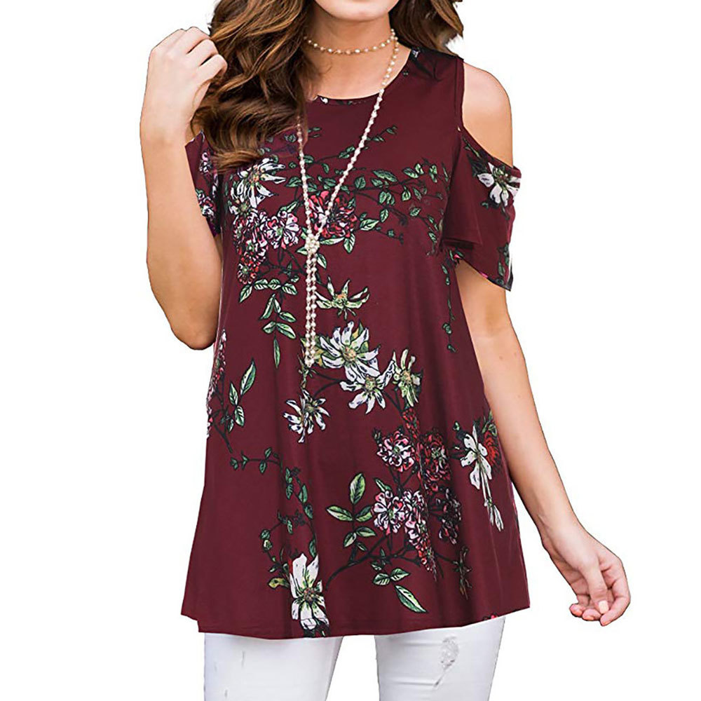 

Tops Tshirt Tee Shirt Women Summer 20 Style O Neck Short Sleeve Floral Striped Print T-shirt For Lady Fashion Female Shirt Y200111, Wine red