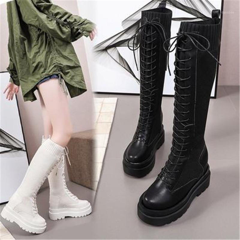 

Fashion Knitted Knee-High Long Boots Women Platfrom Wedges Boots Female Lace Up Hidden Heels Shoes Botas Mujer Beige Black 34-391