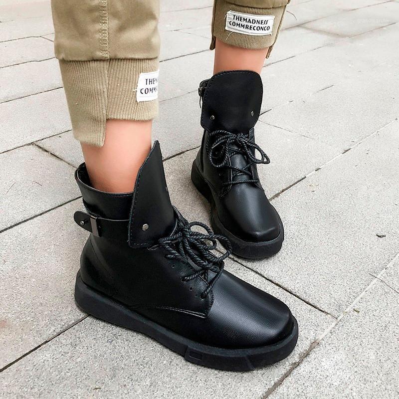 

Black Solid Leather Boots 2020 Fashion Winter Shoes Ankle Boots for Women Shoes Woman Lace Up Snow Female1, Synthetic