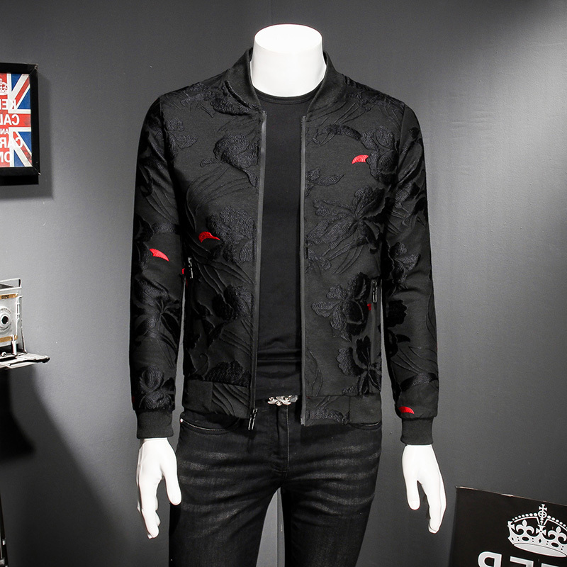 

High Quality Embroidered Jacquard Black Men's Bomber Spring Casual Slim Flower Coat Jacket -5xl