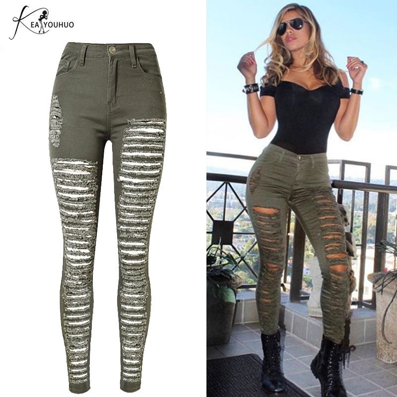 

Winter High Waist Ripped Jeans Denim Jeans Green Army Military Boyfriend Jeans For Womens Lady Skinny Jean Camouflage Pants 201030, Black
