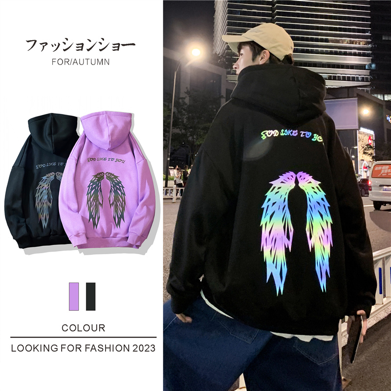 

men Reflective Wings Printed Hoodies angel 2020 Autumn New Men's Hooded Sweatshirts Man Fashion Casual Pullovers, Black