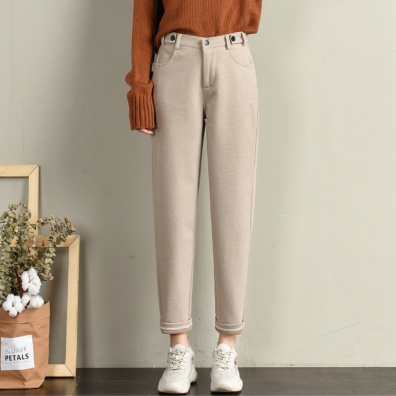 

XIBUSANA Woolen Pants Women Winter Elastic High Waist Thick Warm Harem Pant Female Solid Loose Straight Trousers Streetwear 201113, Dark gray