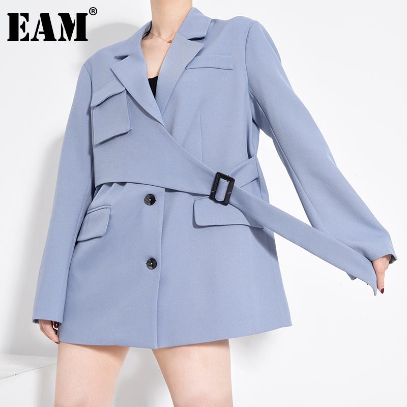 

EAM] Women Khaki Irregular Bandage Temperament Blazer New Lapel Long Sleeve Loose Fit Jacket Fashion Tide Spring Autumn 2020, Blue