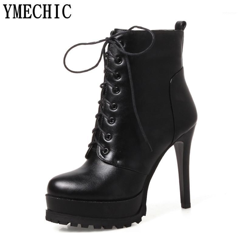

YMECHIC High Heel Leather Boots Women Lace Up Platform Gladiator Party Shoes Woman Thin Thick Heels Lady Ankle Boots Plus Size1, Black thin heel