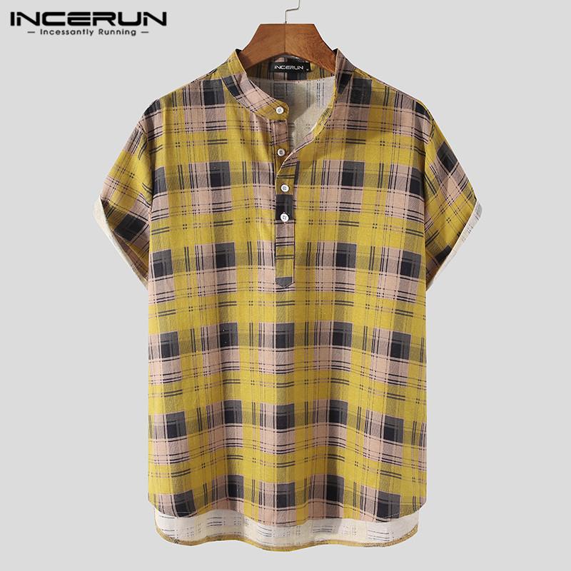 

Men Plaid Shirt Stand Collar Short Sleeve Breathable Summer Cotton Casual Hawaiian Shirts 2021 Button Blouse Streetwear INCERUN, Yellow