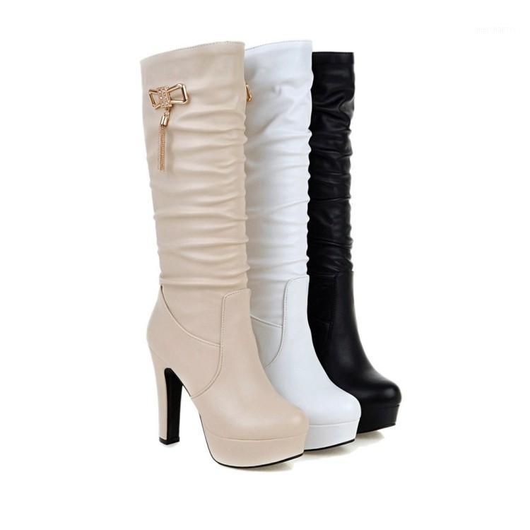 

Women's Shoes High Heels Platform Rhinestones Mid Calf Boots Chunky Heel Beige White Black1