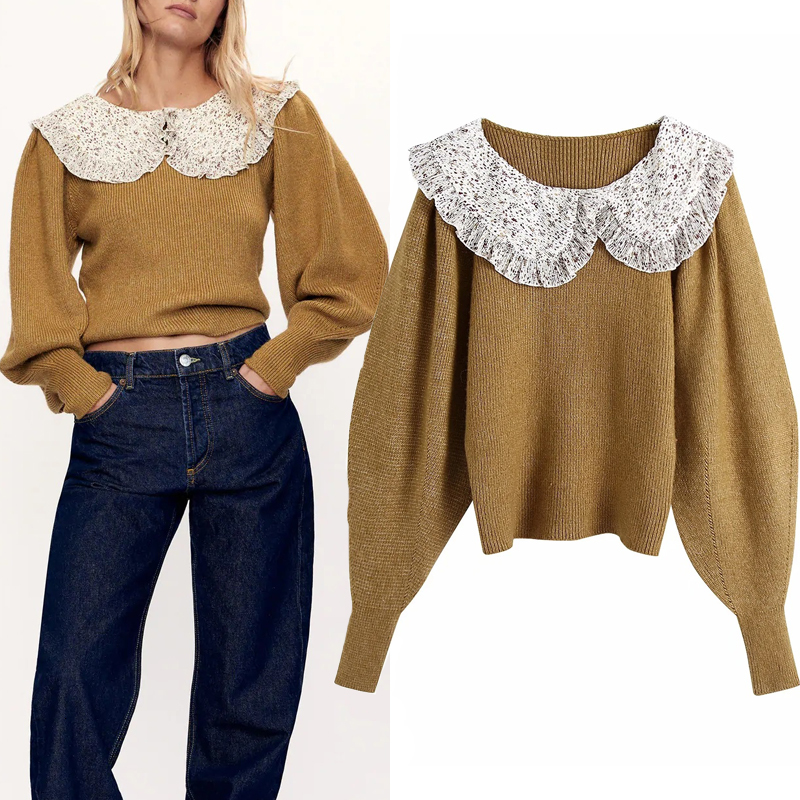 

2021 New Autumn Contrast Collar Patchwork Cropped Knitted Sweater Women Vintage Long Puff Sleeve Cute Christmas Pullover Top Jyaq, Camel