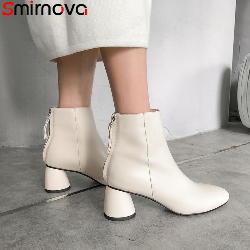 

Smirnova 2021 new ankle boots for women round toe zip genuine leather boots thick high heels shoes autumn winter women, Beige