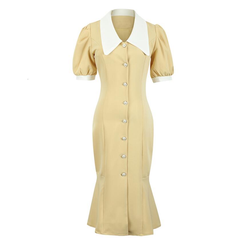 

2021 New Summer French Style Vintage Peter Pan Collar Puff Thin Waist Mid-long Fishtail Dress Q740 L7le, Yellow