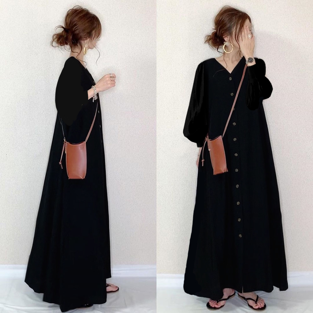 

2021 New Autumn Women Dress Korean Japan Style Loose a Line Long Maxi Dresses Robe Femme Vestiods Lantern Sleeve TUOC, Black