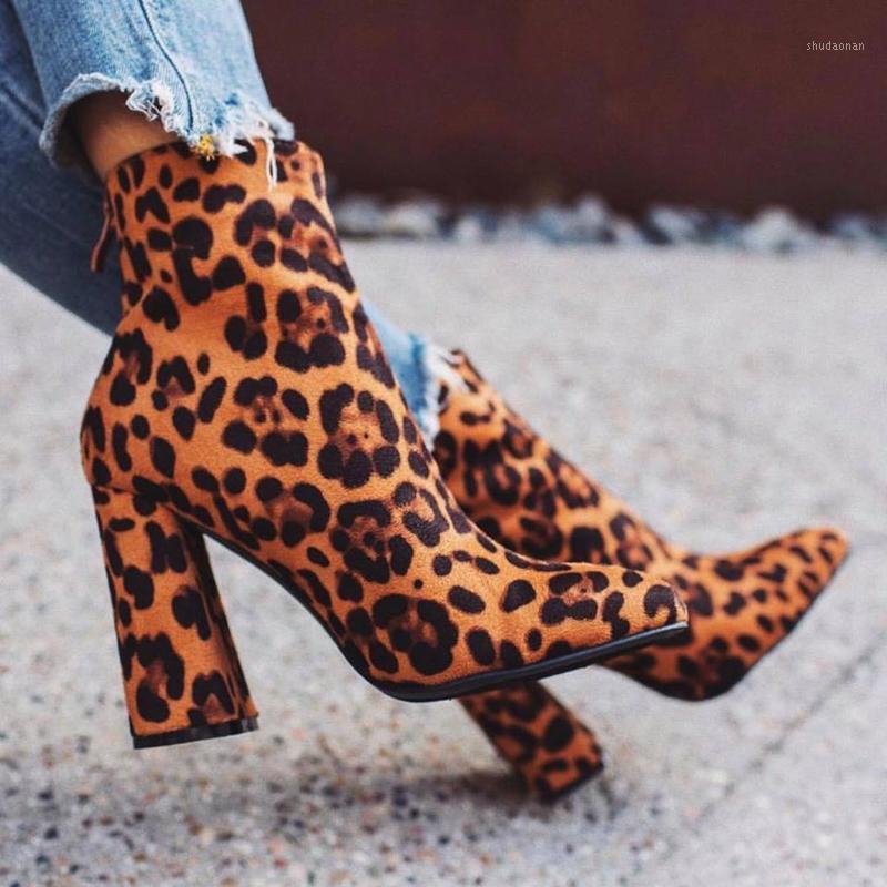 

Women Boots 2020 autumn & winter Pointed Toe Women Boots Zipper Thick Ankle High Heel Shoes Leopard Party high heels1, Bw