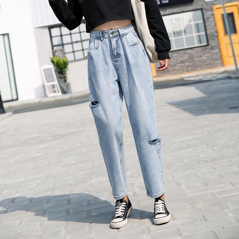 

2020 Fashion Women Ripped Jeans Casual Look Denim Loose Jeans Pants High Waist Trousers Vintage Holes Chic New Plus Size1, Sky blue