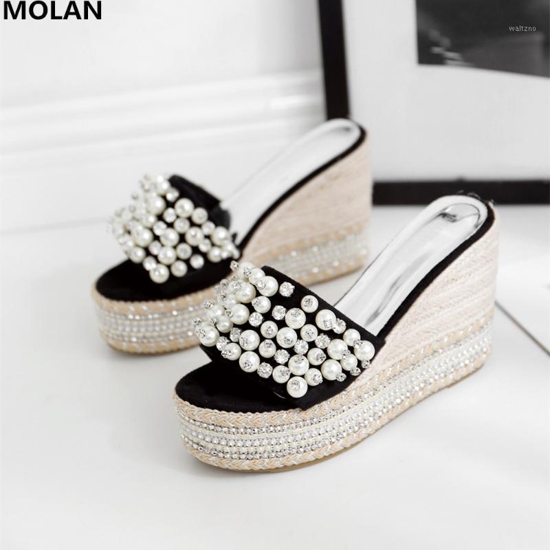 

MOLAN Designers 2019 Summer Pearl Bling Wedges Platform High Heels Lady Pumps Slip On Loafers Mules Flip Flops1, Black