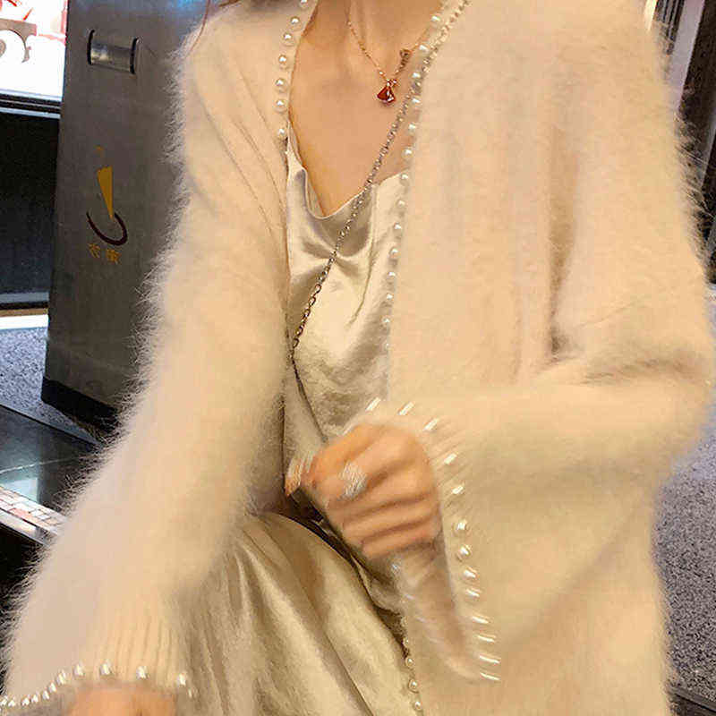 

Women Mohair Knitted Cardigan Spring Autumn Loose Lazy Autumn Beaded Sweater Coat Cashmere Pearls Jacket Crop Tops Mujer Sueter H1023, Beige