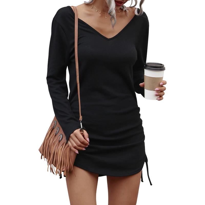 

2020 Women Pencil Dress Female Spring Autumn Long Sleeve V-Neck Ruched Elegant Ladies Solid Slim New Fashion Clothing