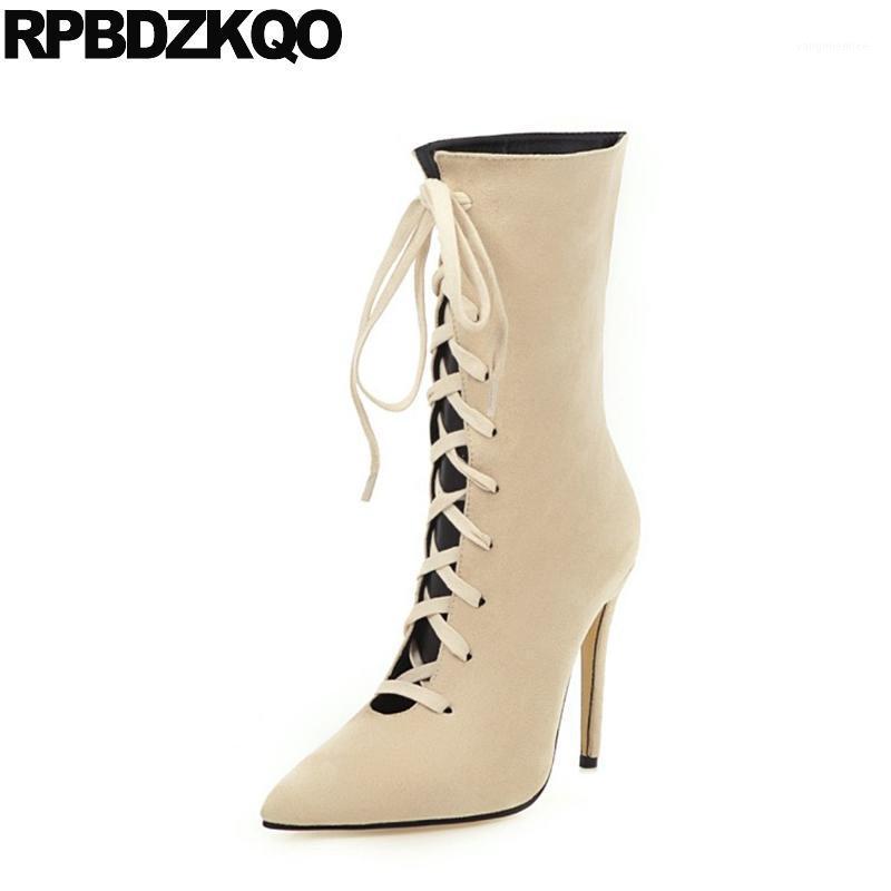 

12 44 beige 10 pointy black pointed toe stiletto women boots winter 2020 plus size ladies lace up fur suede shoes high heel big1
