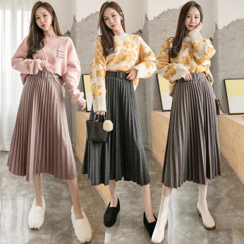

Autumn winter women knitted skirts Korean fashion elastic waist long pleated skirts women casual shiny a-line midi belt, Beige