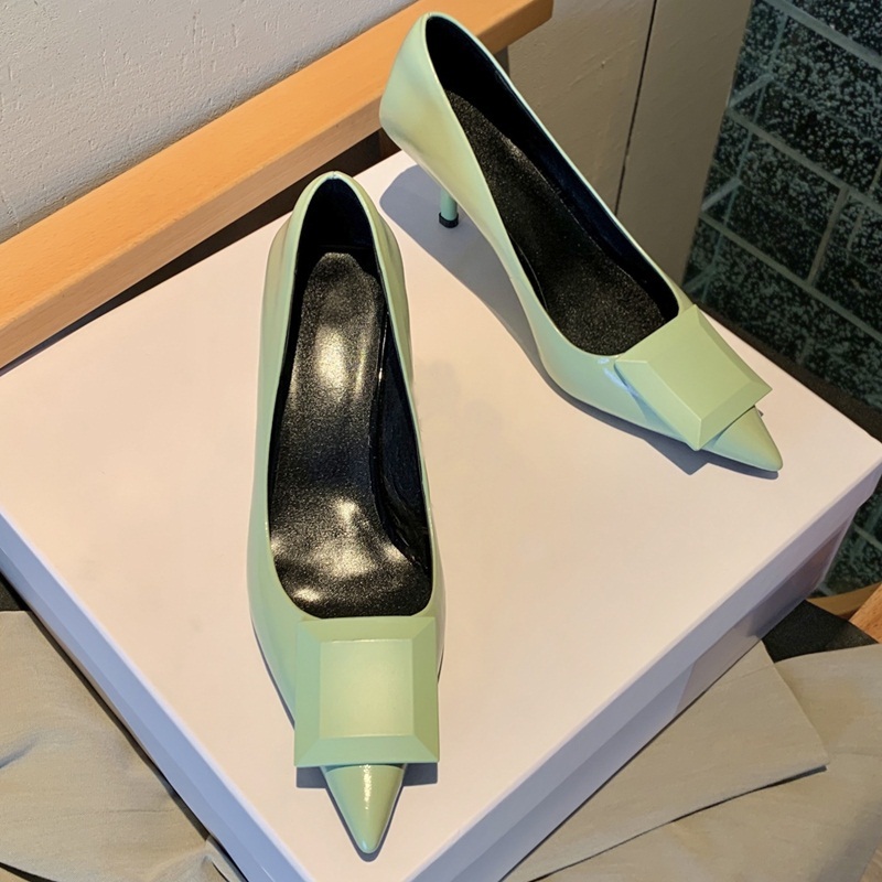 

2021 Female New Spring Genuine Leather Thin High Heels Finger Black Green Foot Party Shoes 2rpo