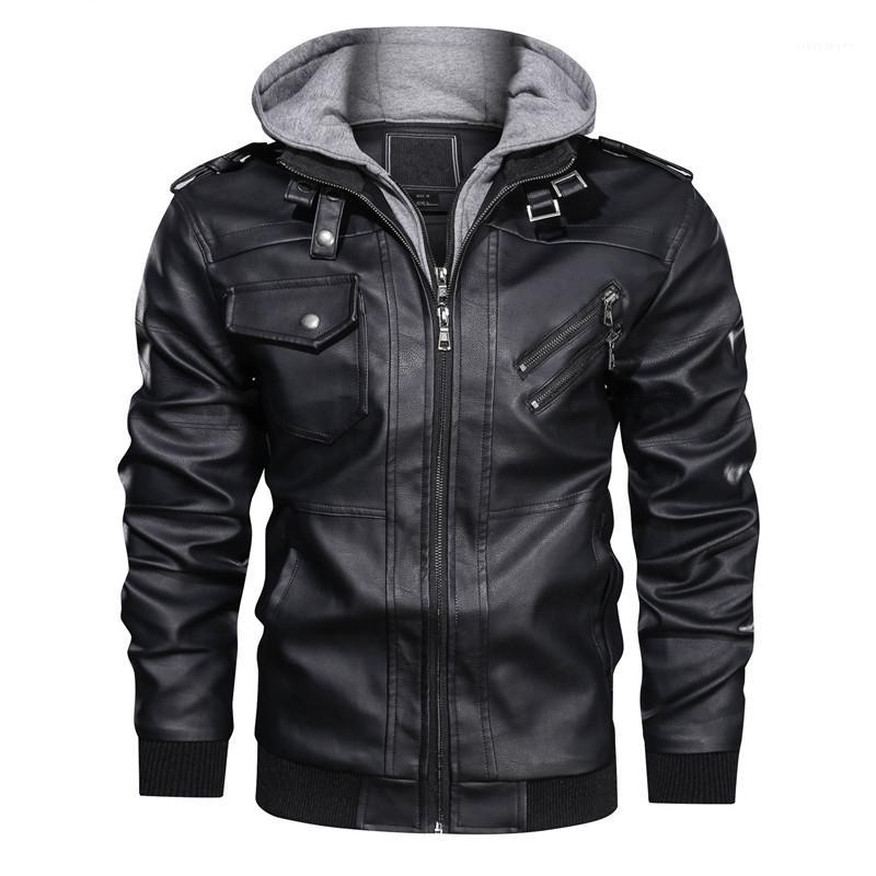 

Motorcycle Mens PU Jacket Fashion Old Pilot Hooded Biker Coat Male Causal Leather Jacket Jaqueta CYF1681, Black