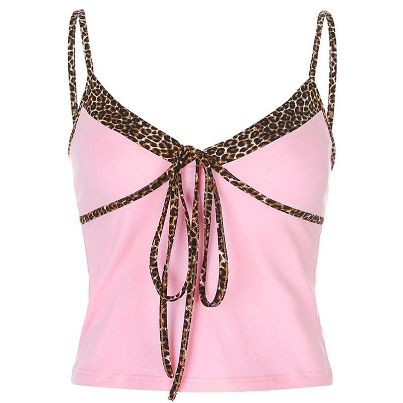 

Women Spaghetti Strap Sexy V-Neck Crop Top Leopard Patchwork Lace-Up Camis Vest, As pic
