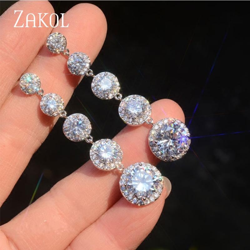 

ZAKOL Sweet Romantic Big Round Stone Cubic Zirconia Tassel Earring Luxury Long Dangle Earrings for Women Wedding Jewelry