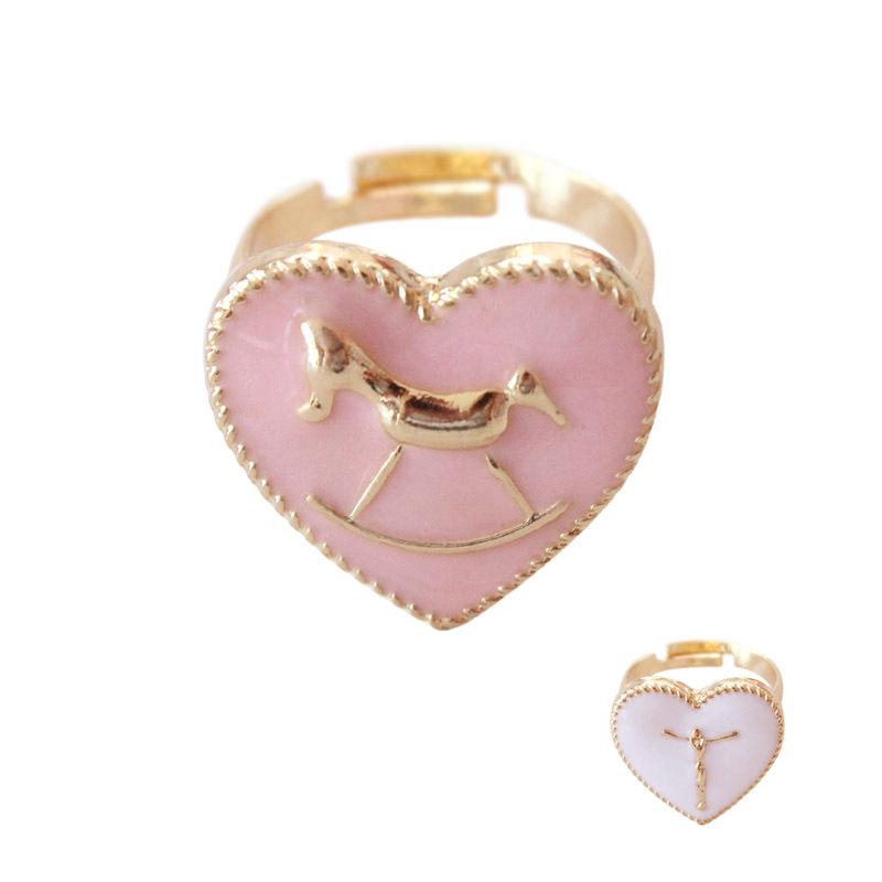 

Japanese Gold Color Pink White Heart Wooden Horse Jesus Cross Adjustable Finger Rings For Women Girls Party Gifts