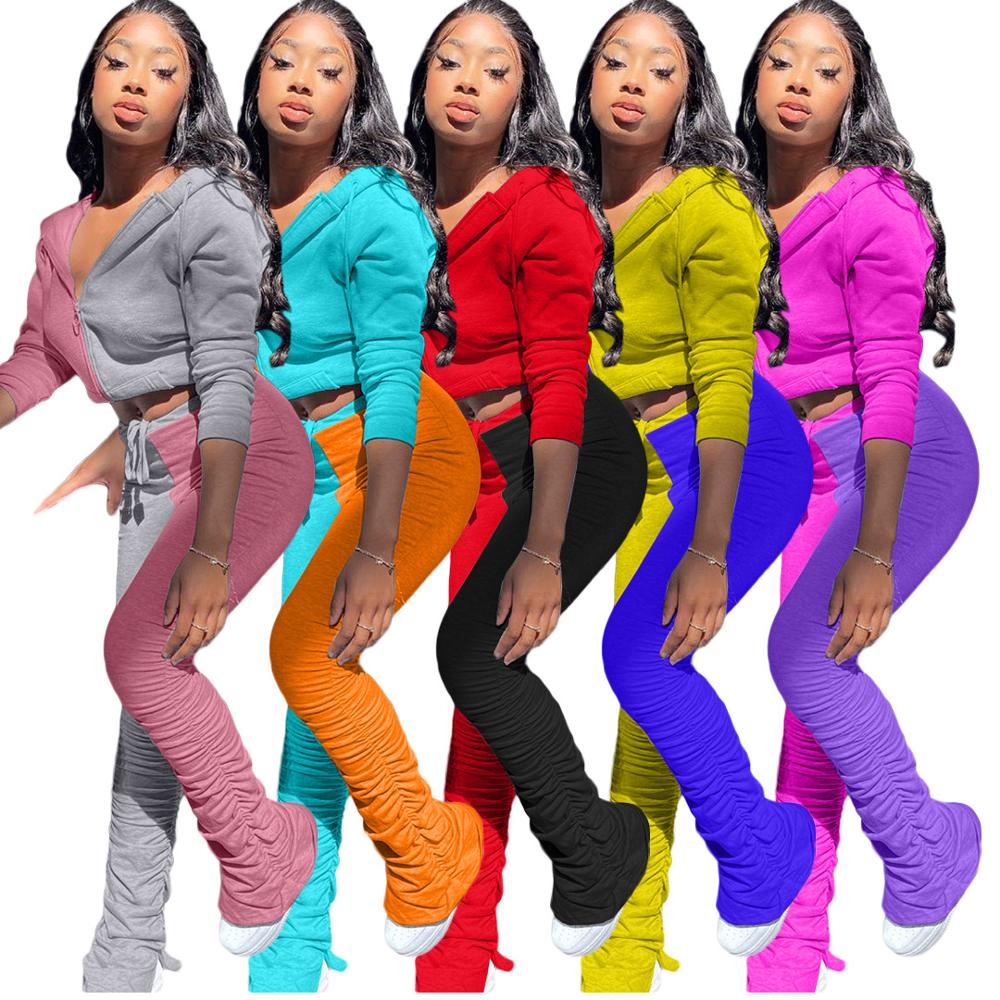 

Autumn Color Patchwork Hoodie Two Piece Set Tracksuit For Women Long Sleeve Crop Top Stacked Pants Jogging Outdoor Sports Suit, Pink set