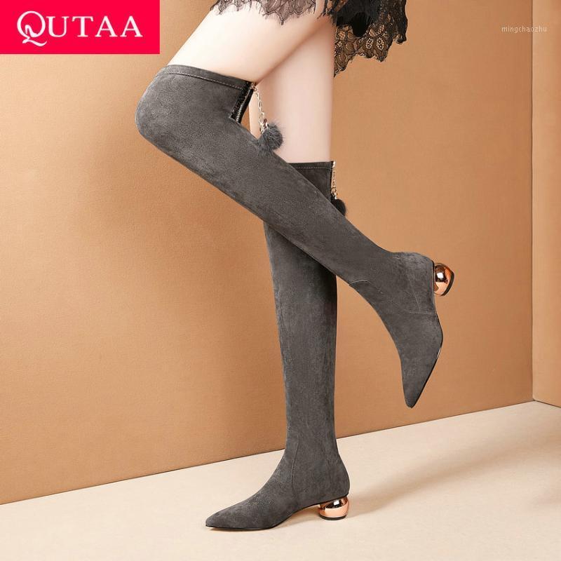 

QUTAA 2021 Square Heel Winter Over The Knee Boots Pointed Toe Fashion Women Shoes Flock Stretch Zipper Long Boots Size 34-421, Black