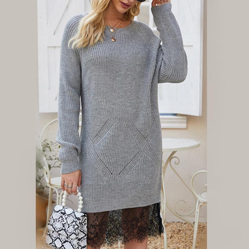 

Casual Knitted Lace Patchwork Pullover Sweater Dress Women Elegant O-neck Long Sleeve Sweater Dress 2020 New Autumn Fashion, Gray