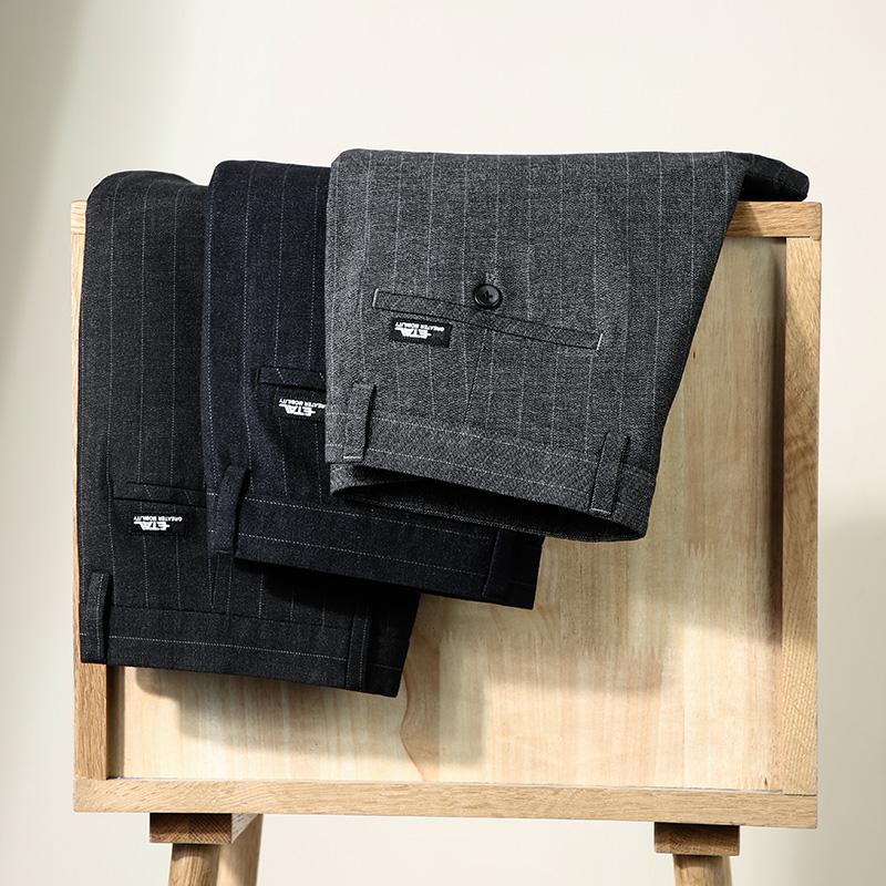 

2021 Men's Stretch Stripe Casual Pants Men's Four Seasons High Quality Business Trousers Straight casual trousers, 921 black