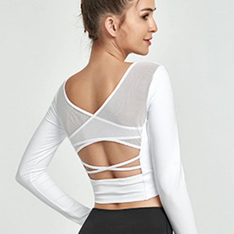 

Sexy Mesh Back Cropped Top Tank Gym Workout Women Yoga Shirt Dance Fitness Crop Top Tight Long Sleeve Gym Tops Shirt 1441, Black