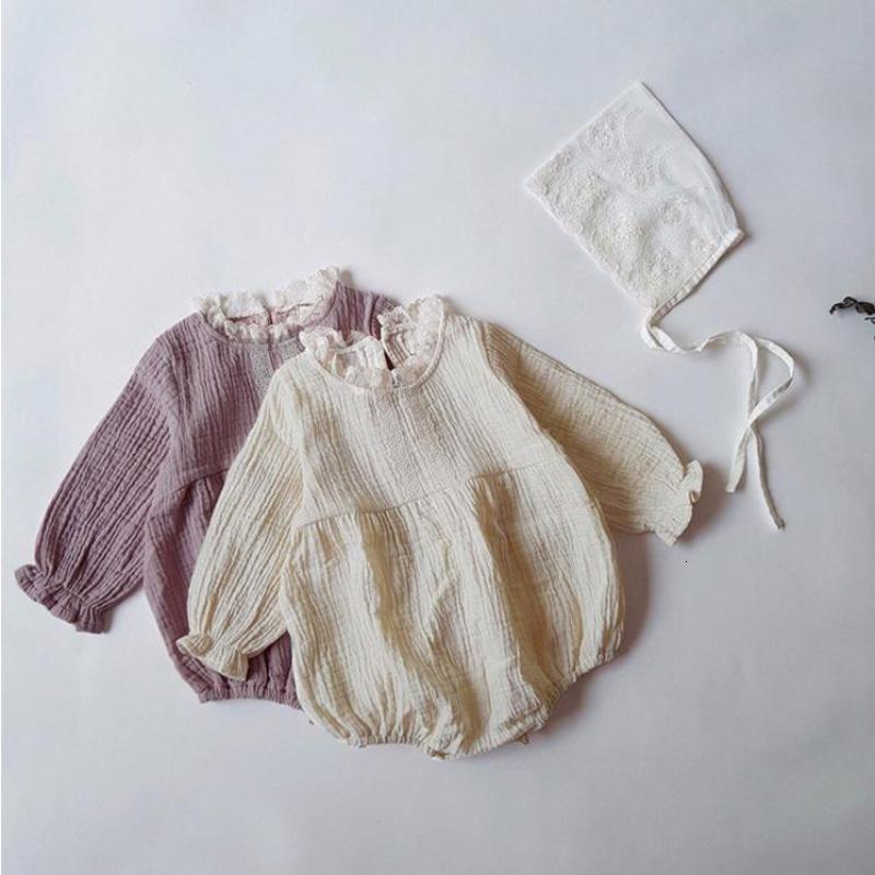 

2021 New Autumn Bodysuit Long Sleeve Newborn Clothes Solid Jumpsuit and Lace Hat Pure Cotton Baby Girl Outfits Yv8s, Y9011pink