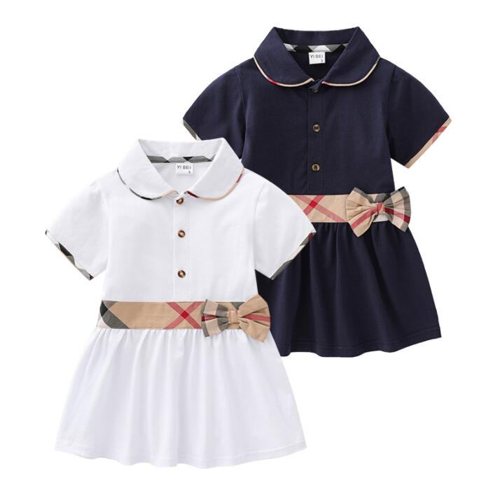 

Great Quality Summer Baby Girls Princess Dresses With Bowknot Cotton Kids Turn-Down Collar Short Sleeve Dress Cute Girl Plaid Skirt Children Clothes Age 1-6 Years, White