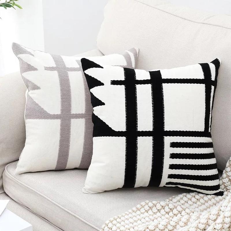 

Home Decorative Black White Gray Cushion Cover Embroidered Burlap Square Embroidery Pillow Cover 45x45cm Zip Open
