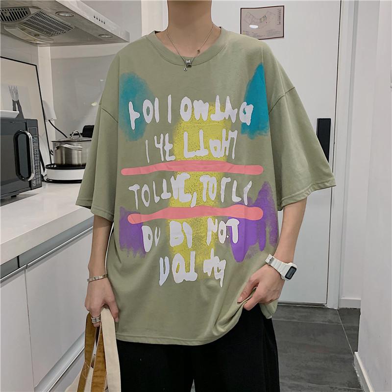 

Summer loose tie-dye print short t shirt casual all-match five-point sleeves popular couple clothes male Hong Kong style men top, Yellow