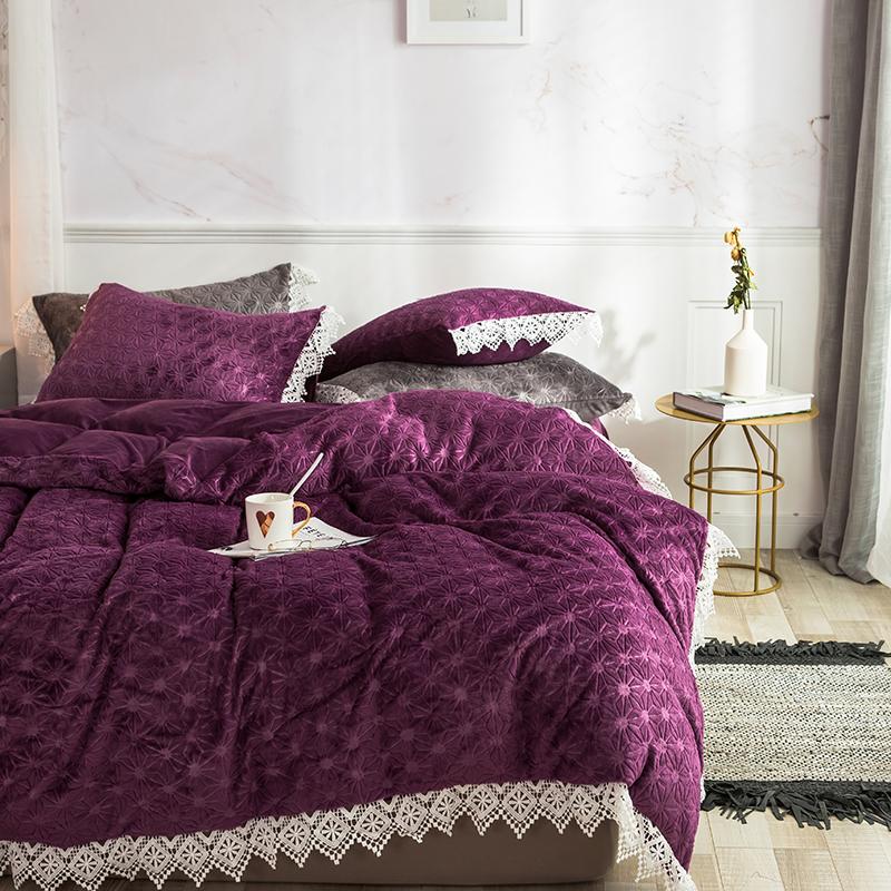 

Purple Blue Pink Gray Winter Thick Flannel Bedding Set Fleece 4pcs Pillowcase Queen Sheet/Linen Lace Duvet Fabric Cover King Bed