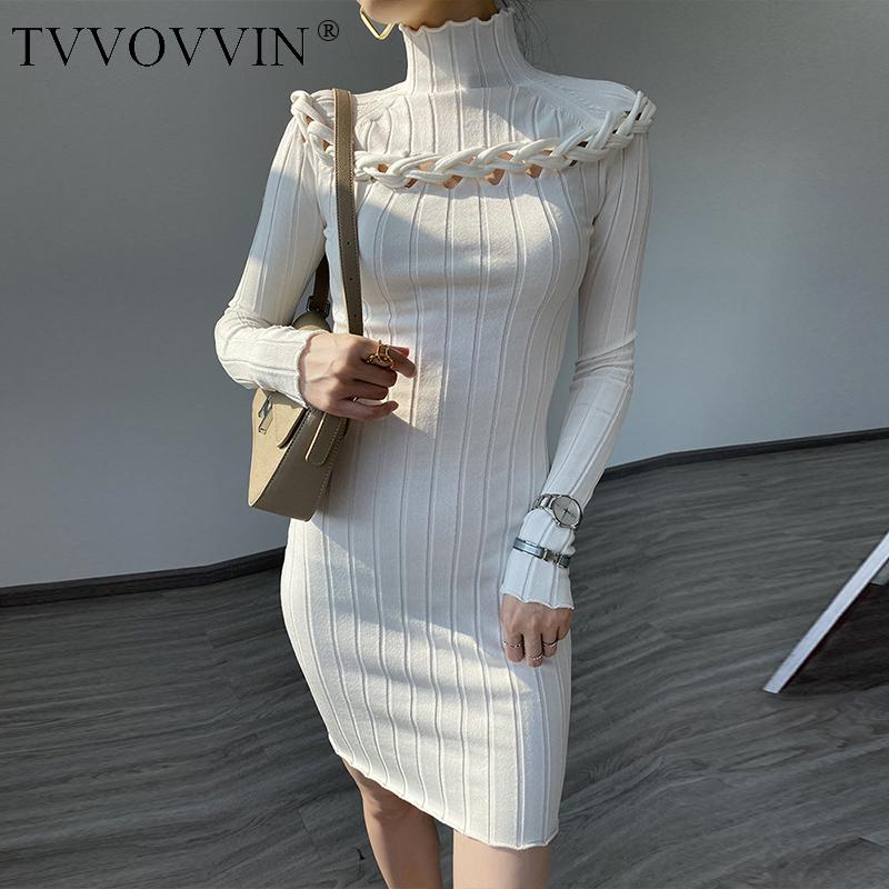 

TVVOVVIN And New Autumn Winter Fashion Casual Long Sleeve White Woven Hollow Out Slim Slimming Knitted Skinny Dress Women 6CGS, Long black