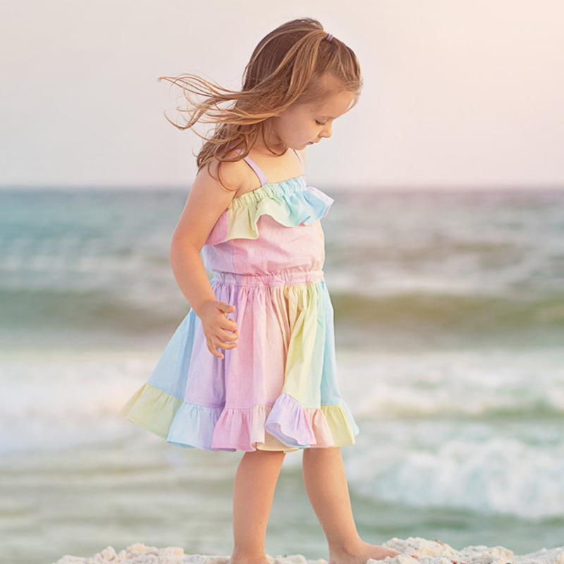 

Summer Toddler Kids Clothing Baby Girls Sleeveless Ruffles Rainbow Beach Suspender Dress Kid Girl children's pPrincess Dresses1, Multi