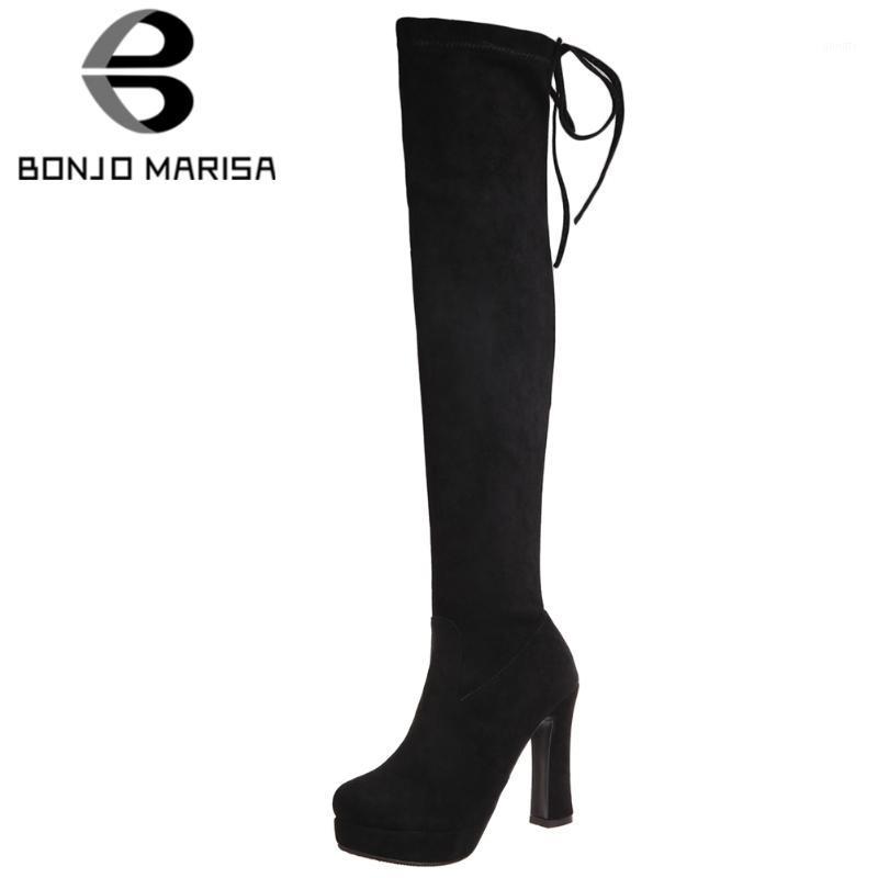 

BONJOMARISA New Ladies Sexy Street Thigh High Boots Elegant Flock Over The Knee Boots Women High Heels Platform Women Shoes1, Black med