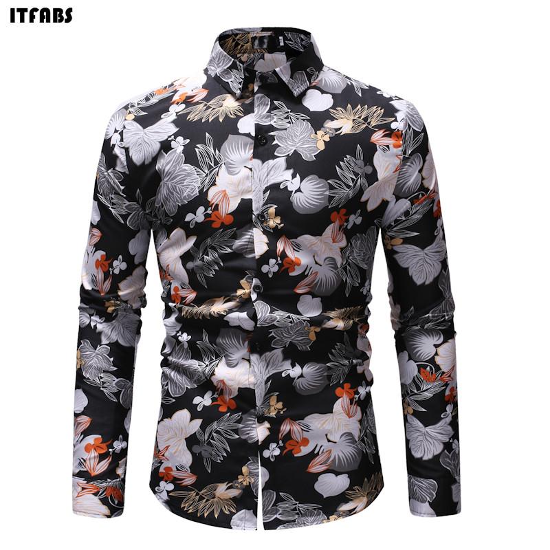 

Fashion Men Casual Floral Shirts Formal Dress Shirts Long Sleeve Slim Fit, Black
