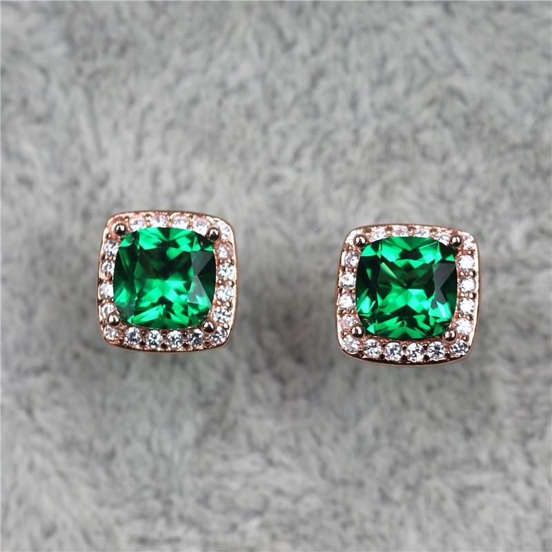 

Luxury Female Emerald Green Square Earrings Vintage Rose Gold Wedding Earrings Crystal Stud For Women